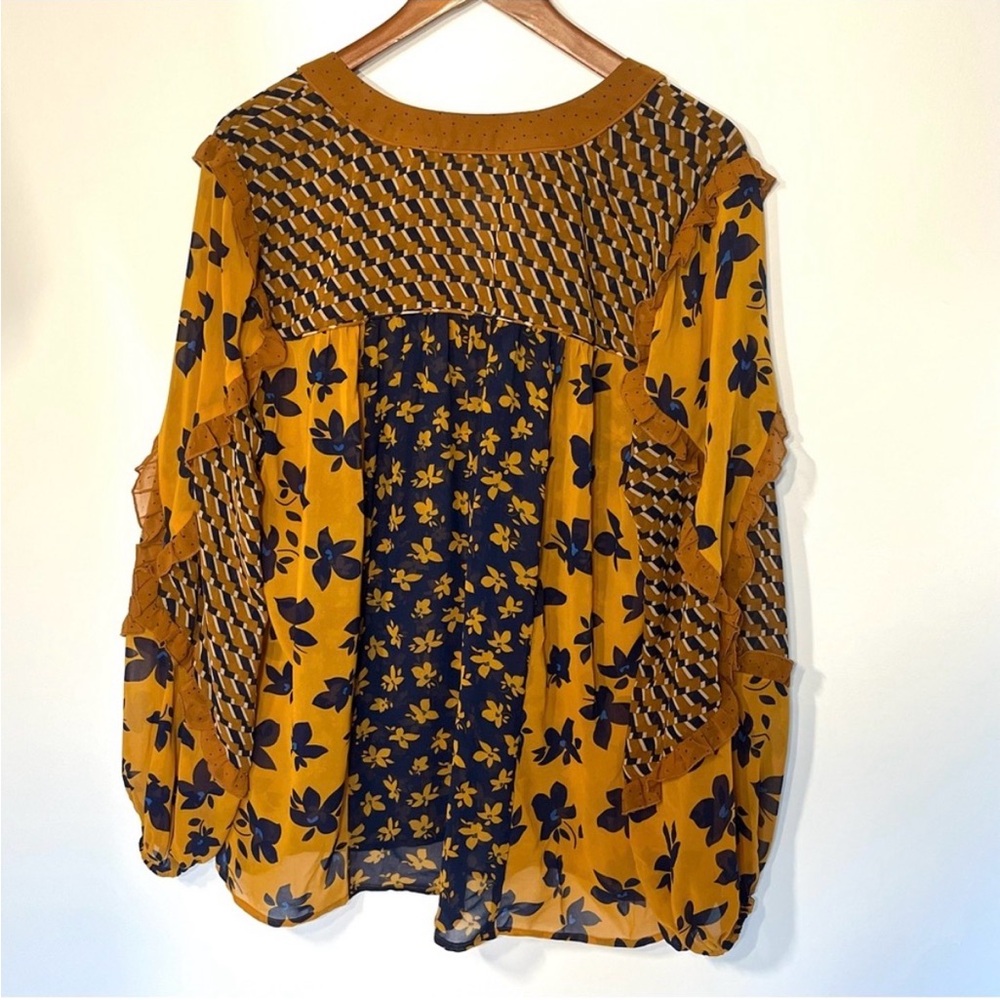 CAbi - Harmony Floral Blouse #3953 - Sheer Boho Top with Brown and Blue Accents - Picture 3 of 9